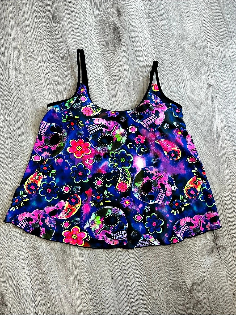 Vibrant Neon Sugar Skull Floral Tankini Swim Top 2XL Padded Bright